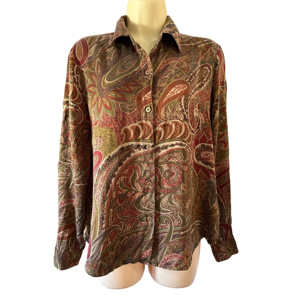 Nine West Vintage Paisley Print Silk Blouse Woman Size 8 Button Up Long Sleeves